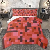 Homewish Cartoon Pixelate Miner Queen Comforter Set, Red Square Abstract Bedding Sets, Teens Kids Boys Girls Reversible Bedding Comforter Set, Ultra Soft Bedroom Decor, 3pcs