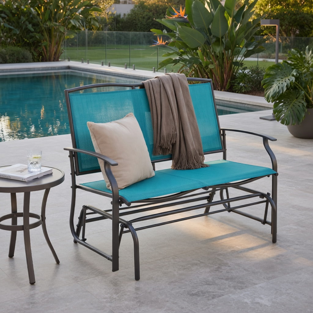 Hommoo Iron Outdoor Rocking Loveseat, Heavy-Duty Steel & Textilene Patio Chair for Backyard, Deck or Porch, 2-Person Relaxation Rocker, Turquoise