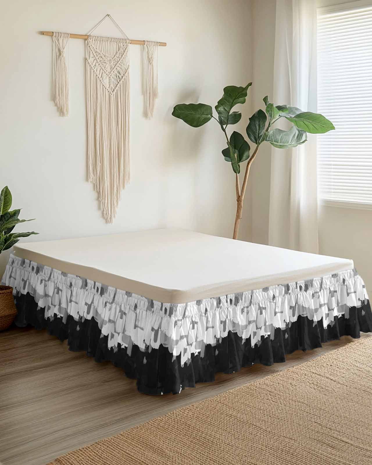 Graffiti Black White Texture Bed Skirt Dappled Paint Art Decoration Bed Skirts King Size 18 Inch Drop, Wrap Around Dust Ruffle&nbsp;Bedskirt with Adjustable Elastic Belt for Queen Size Beds