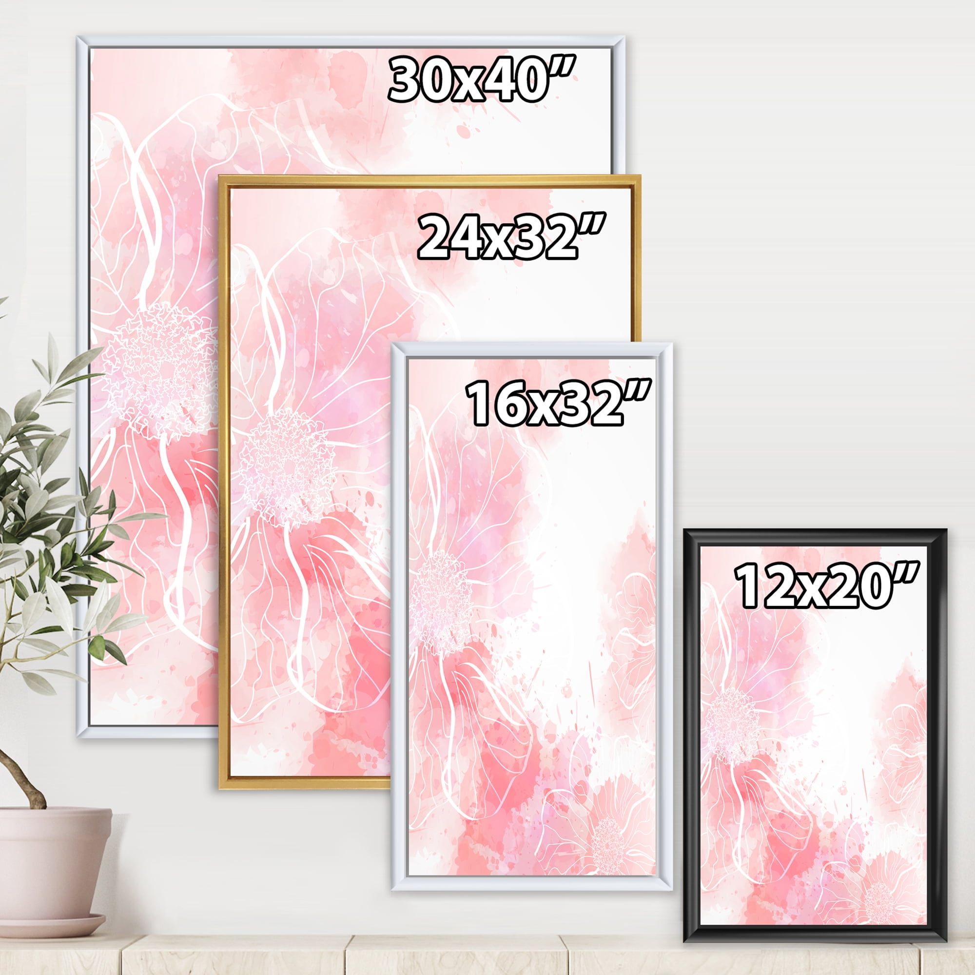 Designart 'Abstract Splashes of Pink Flowers I' Modern Framed Canvas Wall Art Print