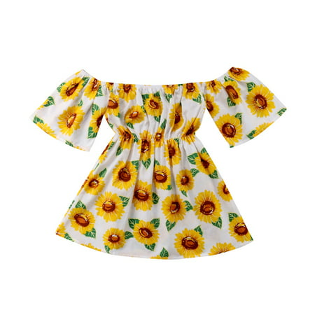 Summer Toddler Kids Baby Girls Floral Dress Party Princess Off Shoulder Sunflower Short Sleeve Tutu Dress Clothes