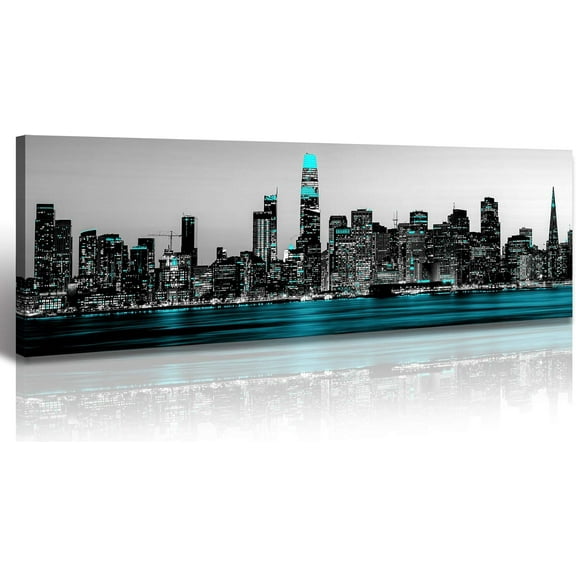 Aaheei San Francisco Panoramic Canvas Wall Art - Black and White California Night Cityscape Painting with Modern Teal Accents Prints, Living Room and Bedroom Decor