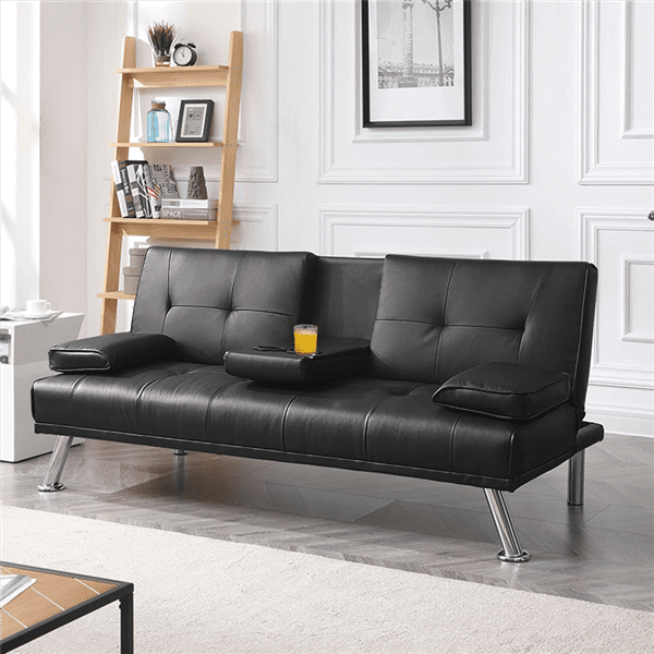 Luxurygoods Modern Faux Leather Reclining Futon With Cupholders And Pillows Black Walmart Com