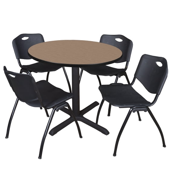 Romig Pillar 36 in. Round Breakroom Table- Noble Oak & 4 M Stack Chairs- Black