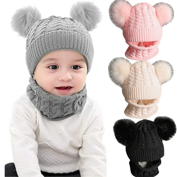 Windfall 2PCS Kids Cute Pom Pom Winter Beanie Hat and Scarf Set for Boys Girls Kids Knitted Fleece Lined Skull Scarf Set
