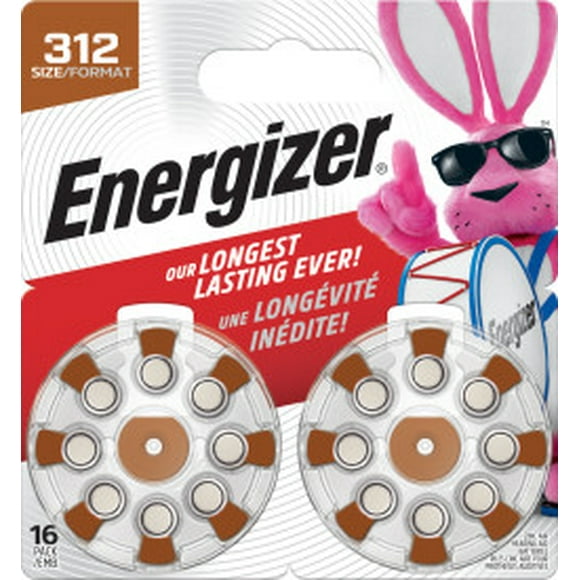 Energizer Hearing Aid Batteries Size 312, Brown Tab, 16 Pack
