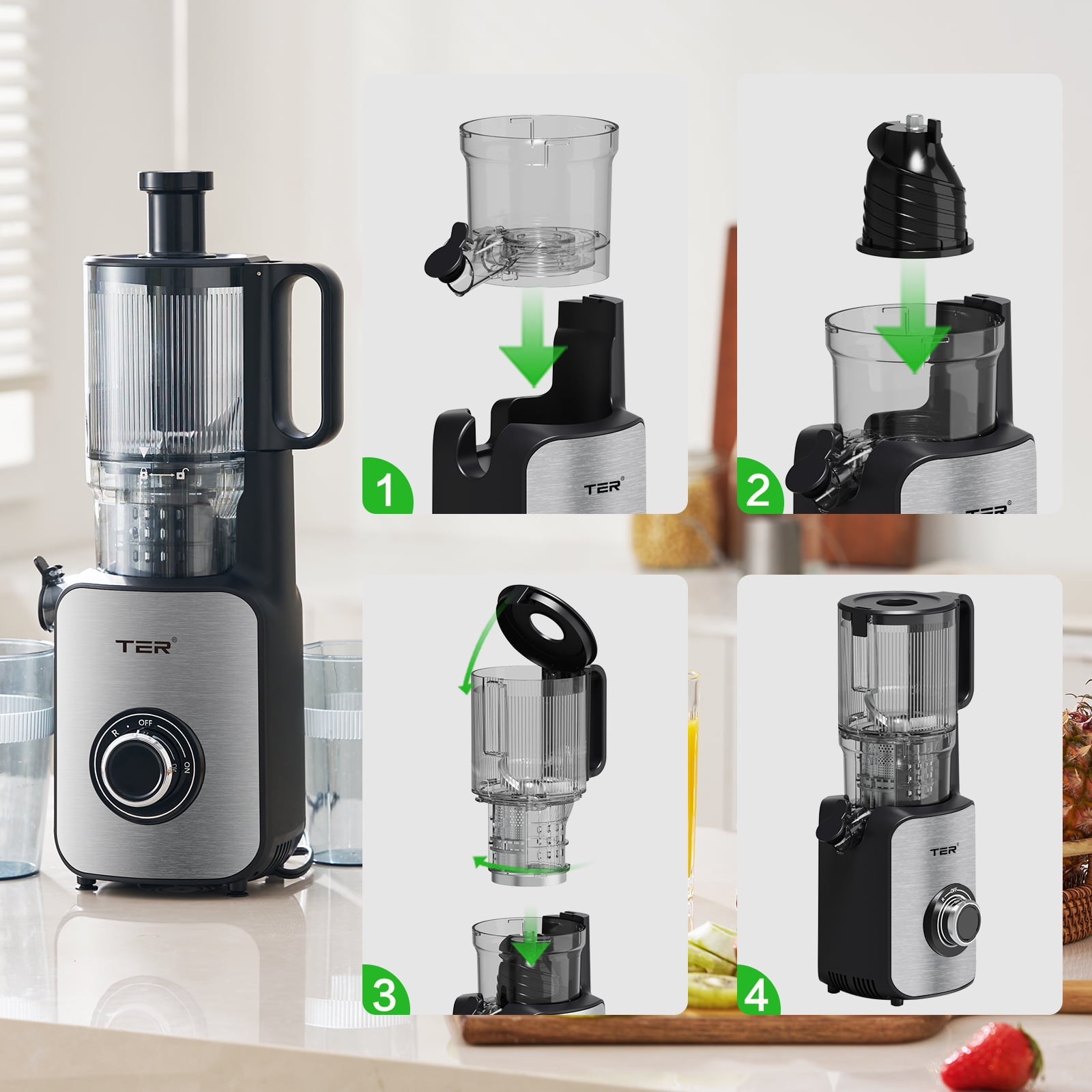 TER 250W Cold Press Juicer with 5-Inch Wide Chute, Slow Masticating Juicer for Vegetables and Fruits, Stainless Steel, Includes 2 Cups, Silver