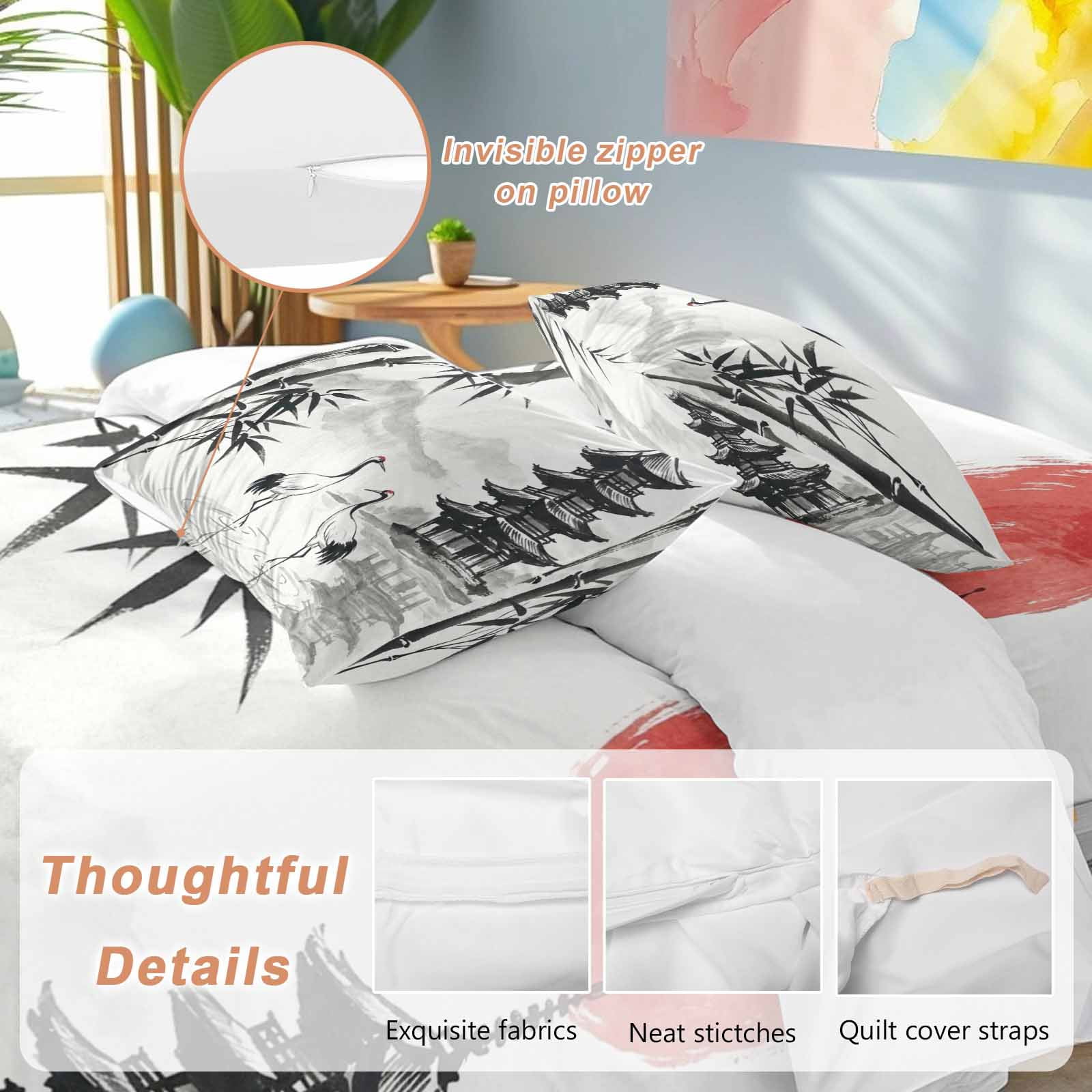 White Crane 4 Piece Duvet Cover Set Queen Size Ink Wash Gray Black Bamboos Trees Japanese Pagoda Red Sun Soft Bedding Set Comforter Cover, 1 Duvet Cover 1 Flat Sheets and 2 Pillowcases