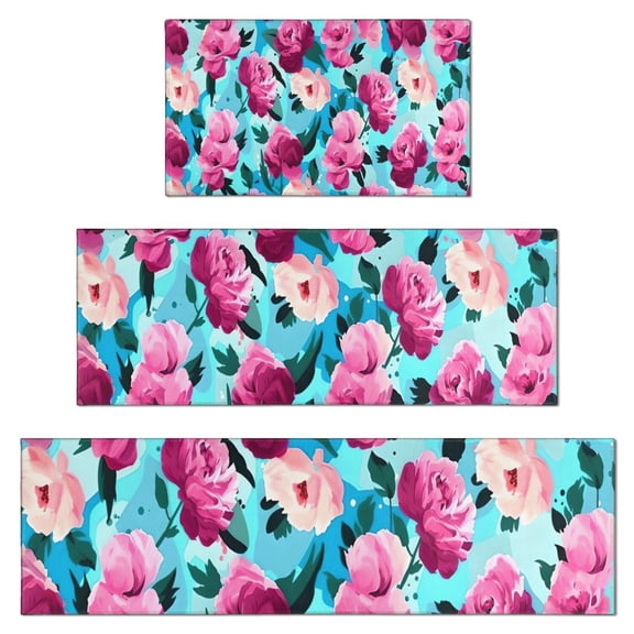 Pioneer Flower Floral Print Pattern Kitchen Rugs Sets Of 3,Kitchen Runner Rugs Non Skid Washable,Decorative Kitchen Floor Mats for Kitchen,Sink,Laundry,17"x30" 17"x47" 17"x59"