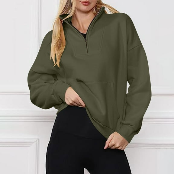 Dxzfnsa Sweatshirt for Women Women's Fashion Casual Solid Color Lapel Sweatshirts Long Sleeve Quarter Zipper Pullovers Oversize Cozy Warm Hoodless Sweatshirts