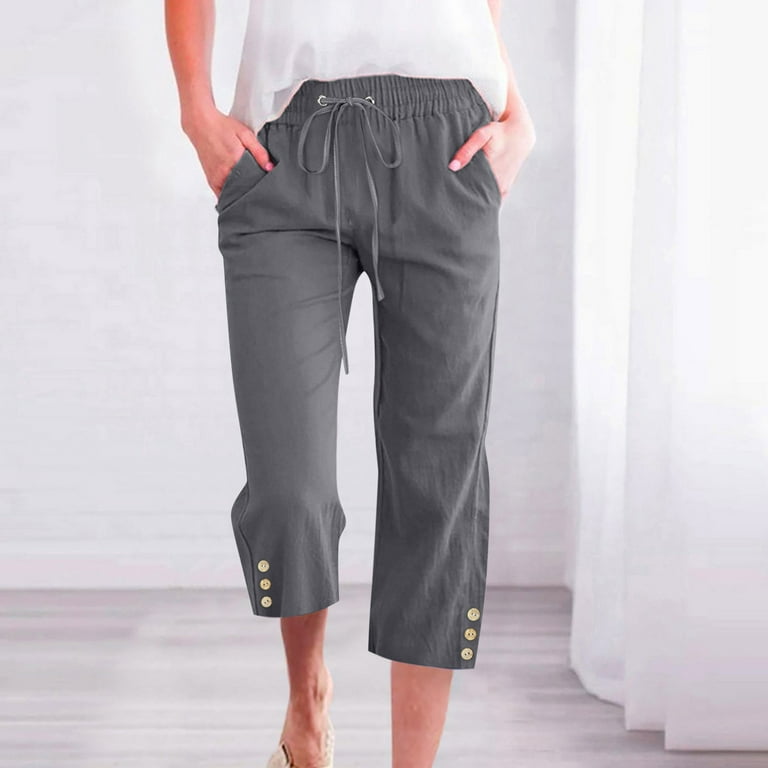 Pxkloy Womens Capri Pants Dressy Casual Capri Pants for Women 2024 Summer Solid Drawstring Elastic High Waist Linen Pant Straight Wide Leg Cropped Trouser Lightning Deals Dark Gray XL Walmart