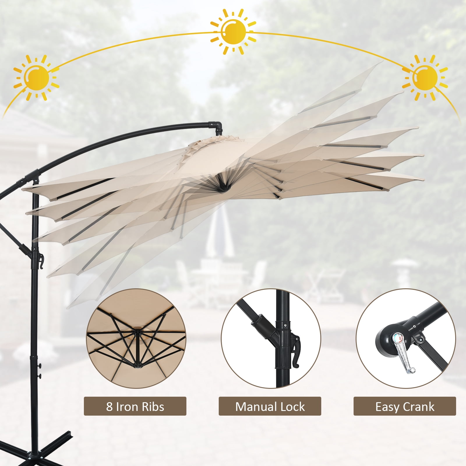Patiojoy 10FT Patio Offset Umbrella 8 Ribs Cantilever Umbrella w/Crank for Poolside Yard Lawn Garden Beige