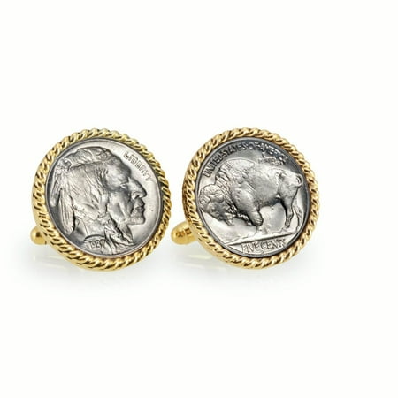 Buffalo Nickel Goldtone Rope Bezel Coin Cuff Links