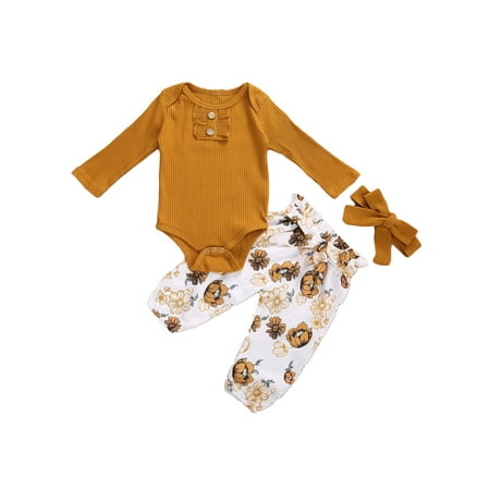 

IZhansean Newborn Baby Girl Fall Clothes Long Sleeve Ribbed Knit Romper Tops+Floral Pants+Headband 3PCS Outfits Khaki 12-18 Months