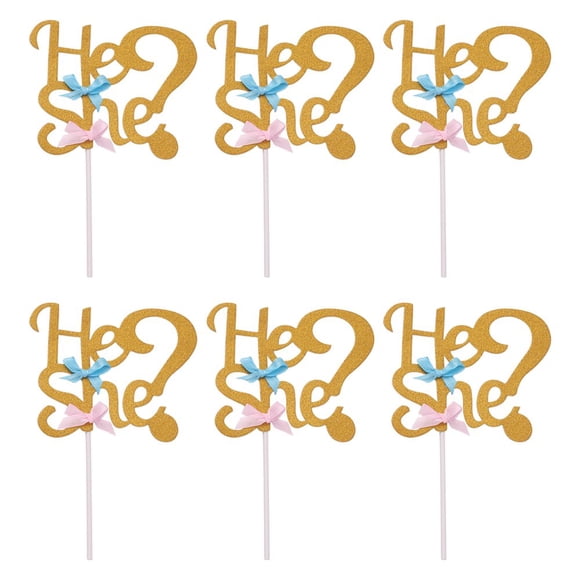 EIMELI He or She Gender Reveal Cake Toppers for Birthday Made of Paper Multi Color 6 Pieces