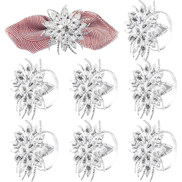 8 Pack Alloy Rhinestone Napkin Rings, Silver Lotus Flowers Napkin Holders, Elegant Table Napkins Serviette Buckles for Valentines Day, Wedding Party