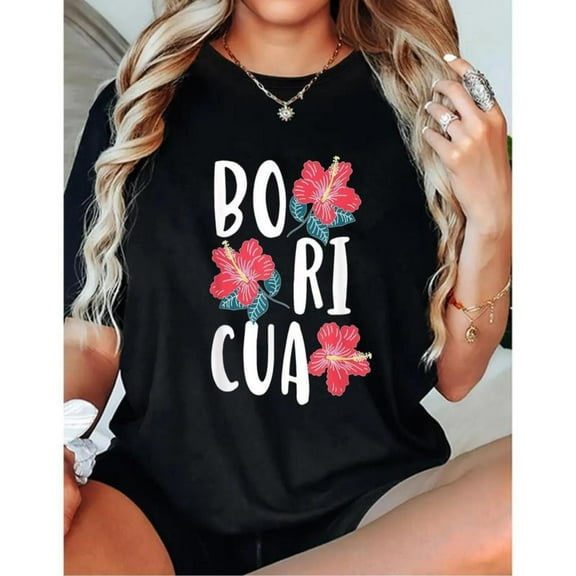 Printed Round Neck Short Sleeve Boricua Flowers Latina Puerto Rico Woman T-Shirt