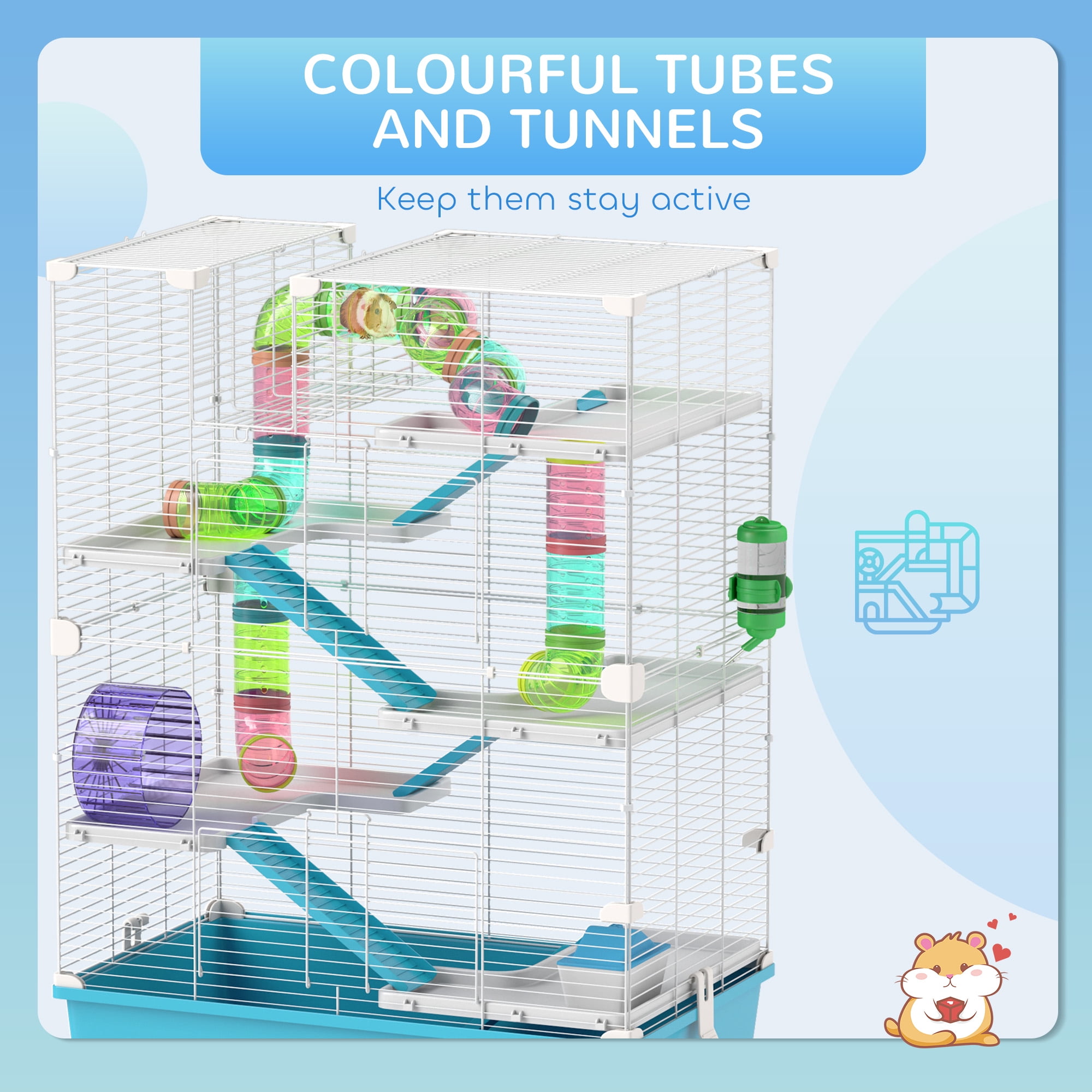 PawHut 32" Hamster Cage, 6 Tier Small Animal Cage with Tubes and Tunnels, Hut, Wheel, Food Dish, Water Bottle, Ramps, for Dwarf & Gerbil, Light Blue
