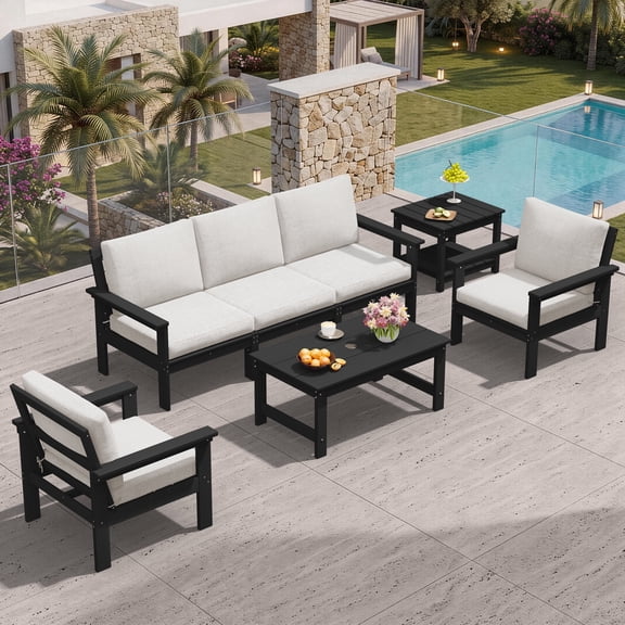 SERWALL Outdoor Patio Furniture Set, 7-Piece HDPE Outdoor Sofa Set Patio Conversation Set, Black Frame with Beige Cushions