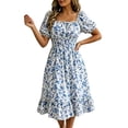 thumbnail image 2 of VBVC Women's Smocked Square Neck Floral Midi Dress , Ladies' Short Puff Sleeve A-Line Dress , Summer Ruffle Hem Swing Dress For Women, S-5XL, 2 of 6