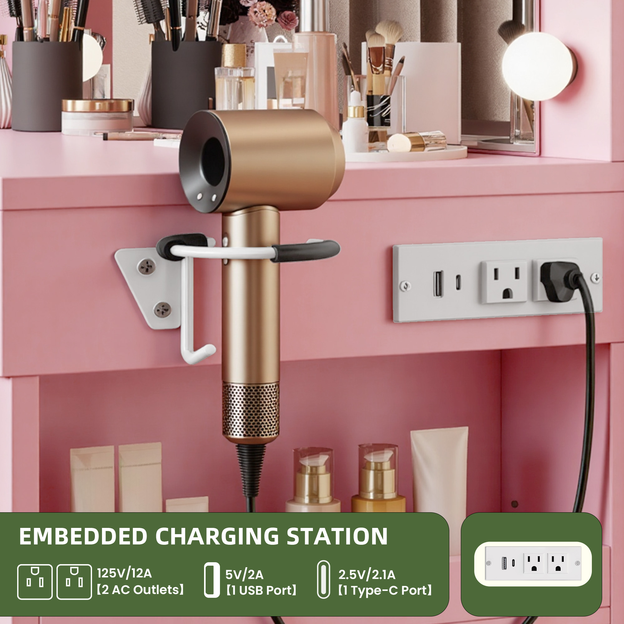 Uforic 39.5" Makeup Vanity Desk with LED Mirror, 4 Drawers, 6 Shelves, Power Outlets,Dressing Table for Bedroom - Pink