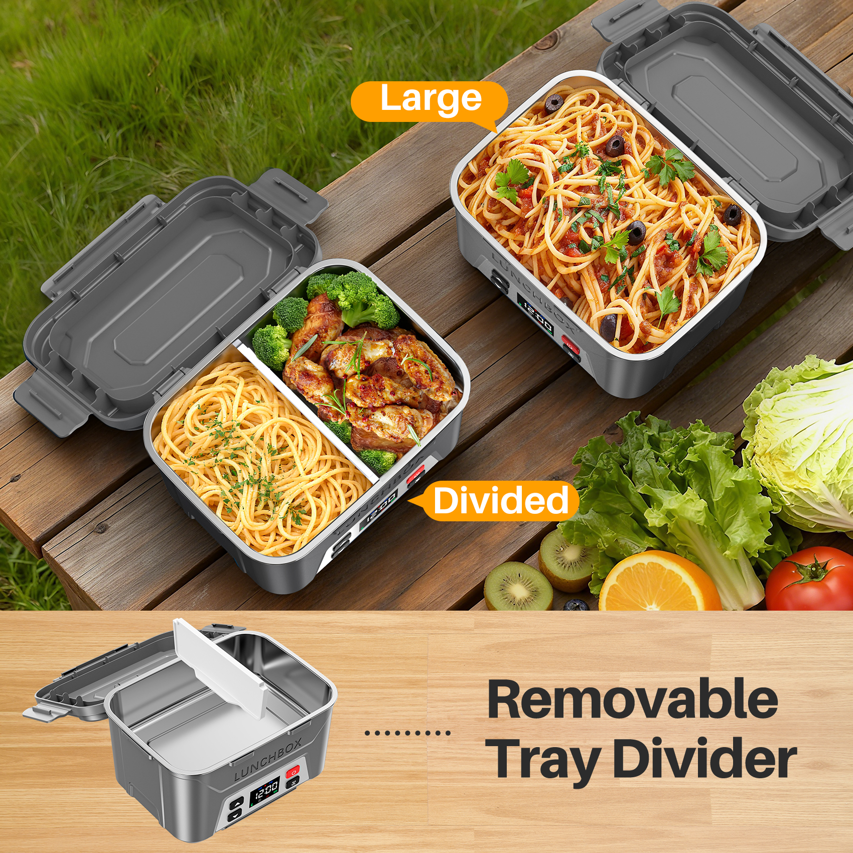 Portable Electric Lunch Box for Adults- Automatic Scheduled Heating Meal Container, Cordless Battery Powered Heated Lunch Box, 5.5 Cups Capacity, with Removable Tray Divider, Dishwasher Safe，Gray
