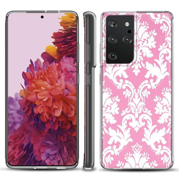 Slim-Fit Lightweight Protective Phone Case compatible with Samsung Galaxy S21 ULTRA 5G, by OneToughShield ® - Victorian White/Pink