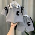 thumbnail image 5 of ZHOGXU Summer Boys Short Sleeve Shirt And Shorts With Letter C Printed Button Down Collar Striped Lapel Color Block For And Everyday Wear, 5 of 6