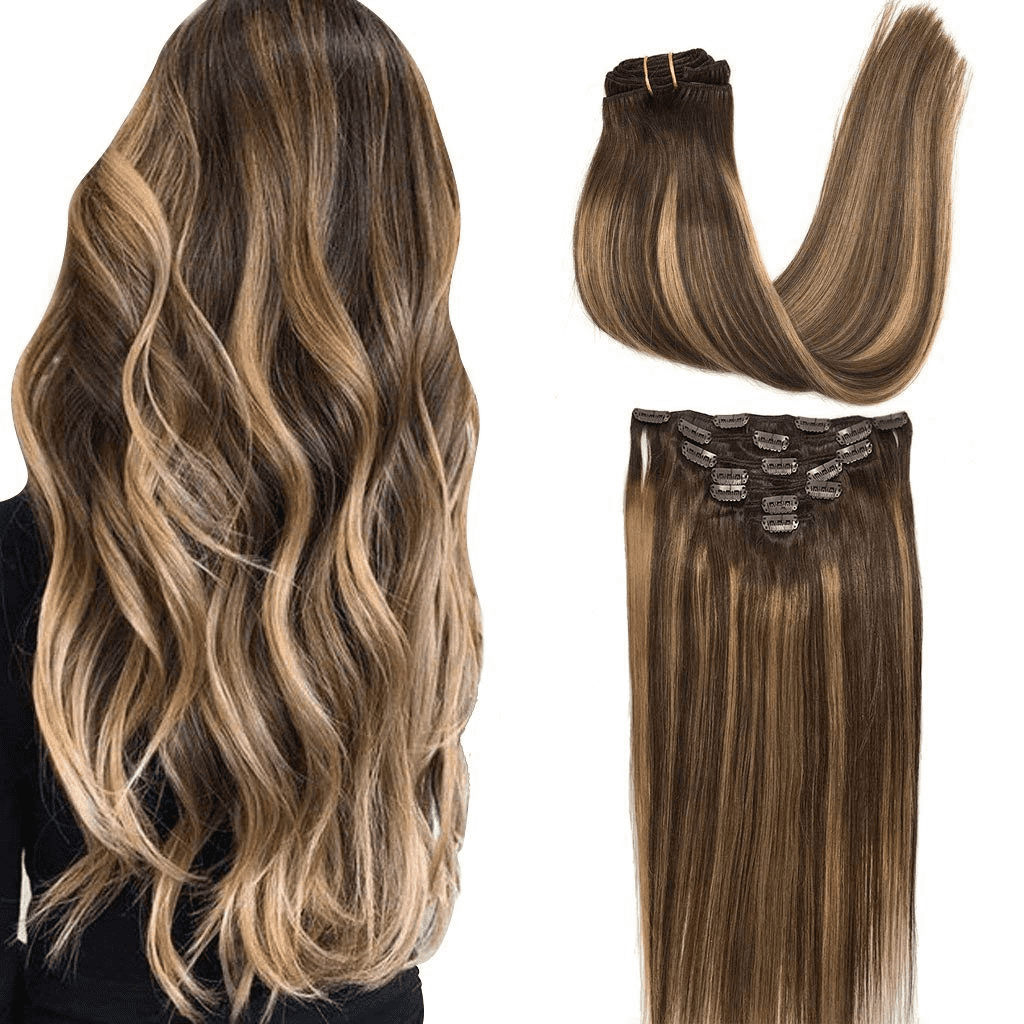 LeaLea Clip In Hair Extensions Human Hair Thickened Double Weft Remy Hair  120g 7pcs, Chocolate Brown to Caramel Blonde Full Head Silky Straight 18  inch 