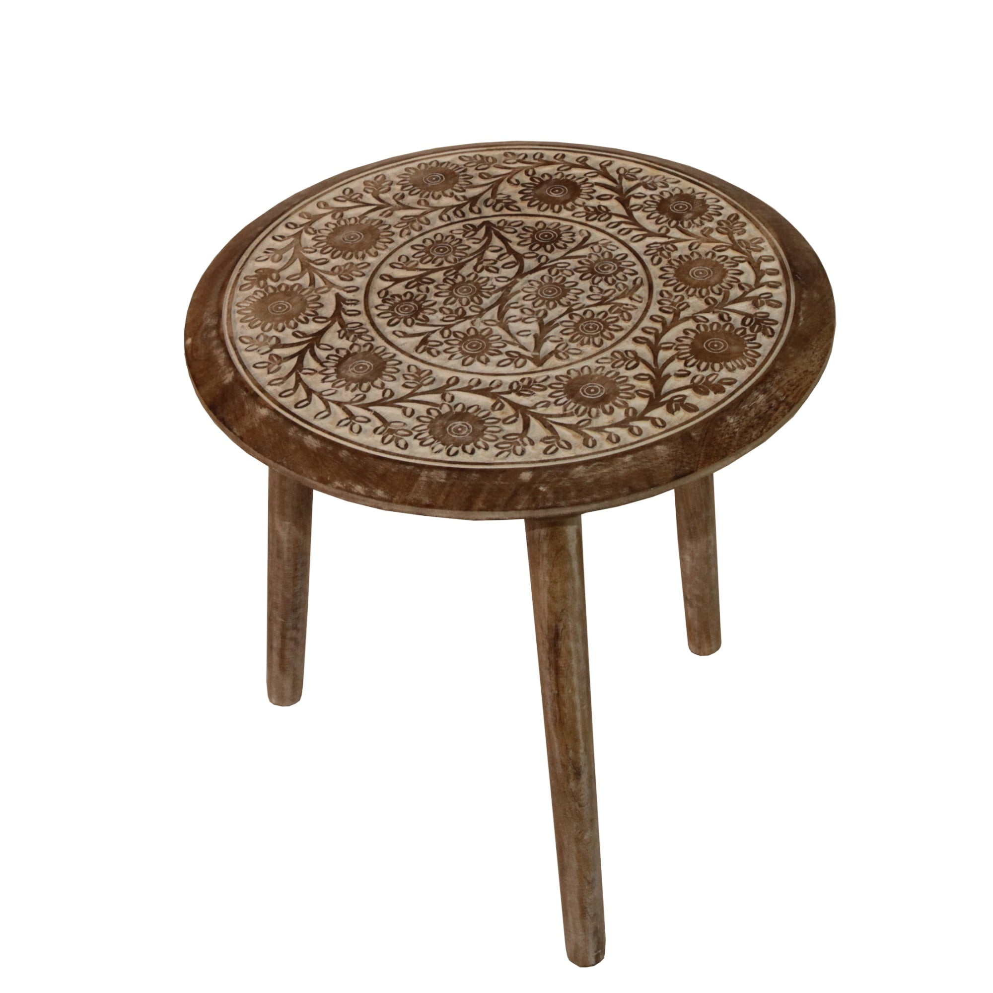 Traditional Round Top Wooden Accent Table with Intricate Design, Brown