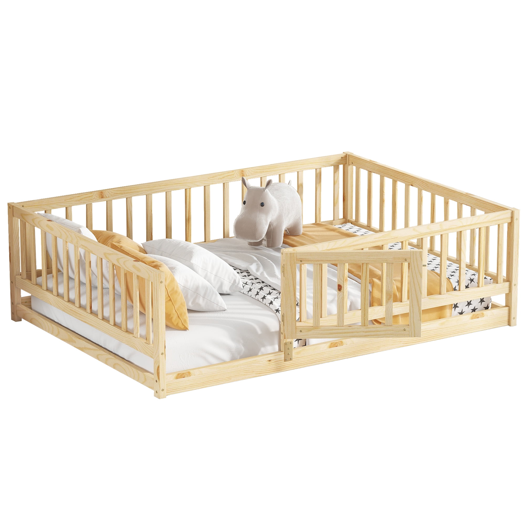 Full Size Montessori Floor Bed with Fence and Door, Solid Wood Kids Bed and Toddler Playhouse Bed with Slats, Oak