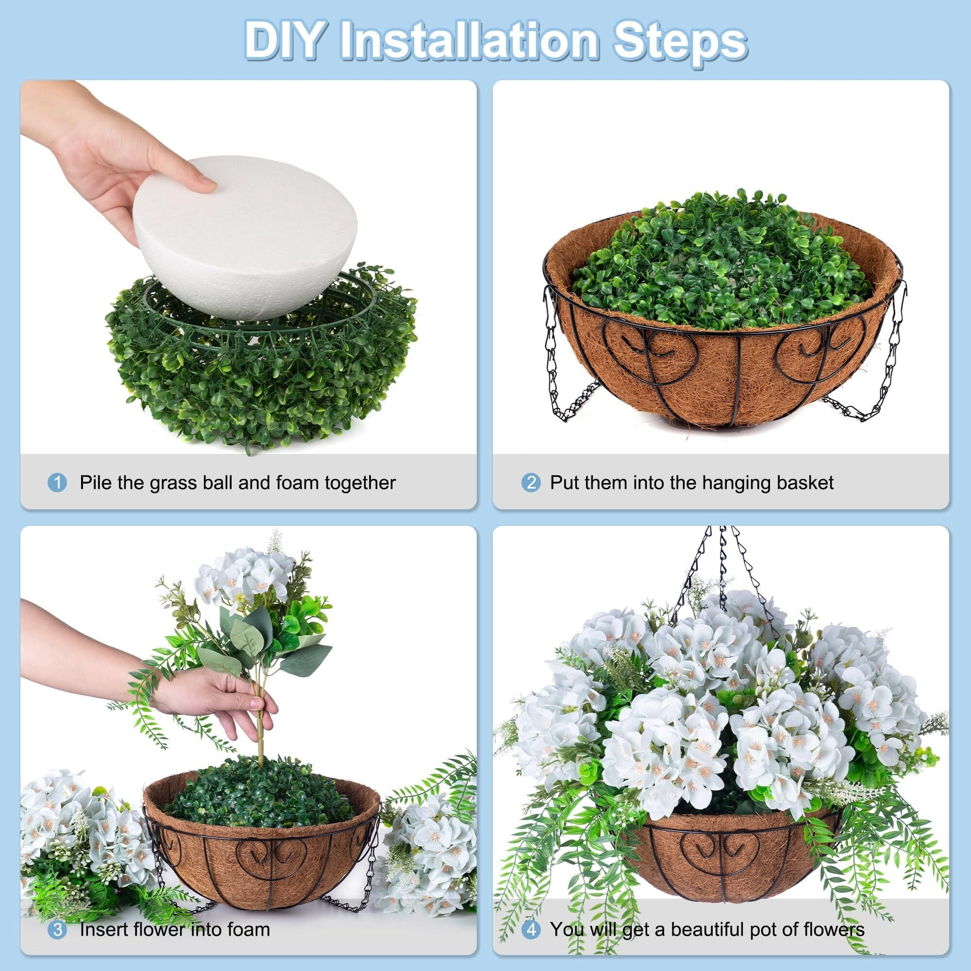 Artificial Flowers in Hanging Basket Planter for Home Spring Summer Decoration, Silk Hydrangea Outdoor Indoor Arrangements, 12" Metal Coconut Lining Basket with Faux Plant(Pink)