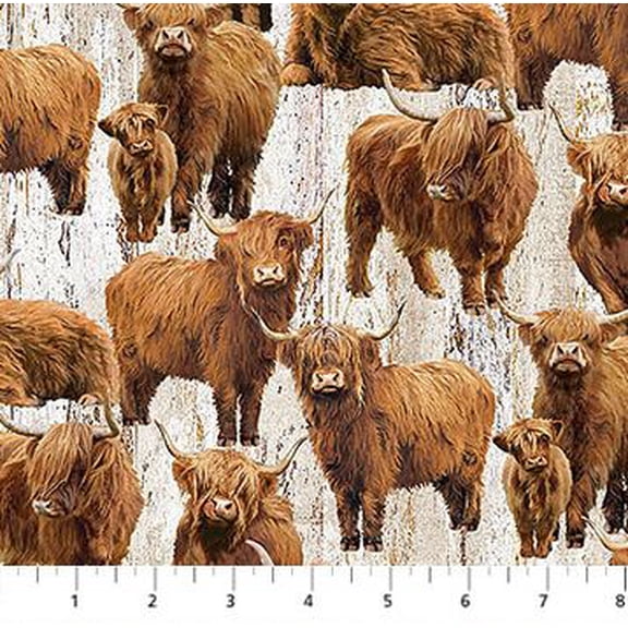Cotton Highland Home Cows Farm Animals Cattle Wood Planks Northcott Cotton Fabric Print by the Yard (DP28690-12)