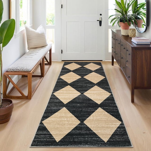 Kitchen Runner Rug Black Washable Rug for Front Door Entryway Hallway Distressed Checkered Mat Low Pile Neutral Area Rugs Non Slip Farmhouse Rugs 2x6 Black and Brown