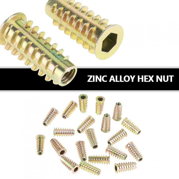 Tuerca de inserción de madera, 20 piezas M6 * 25 mm Tuerca de cabeza hexagonal de aleación de zinc Tuerca hexagonal de aleación de zinc Durabilidad probada