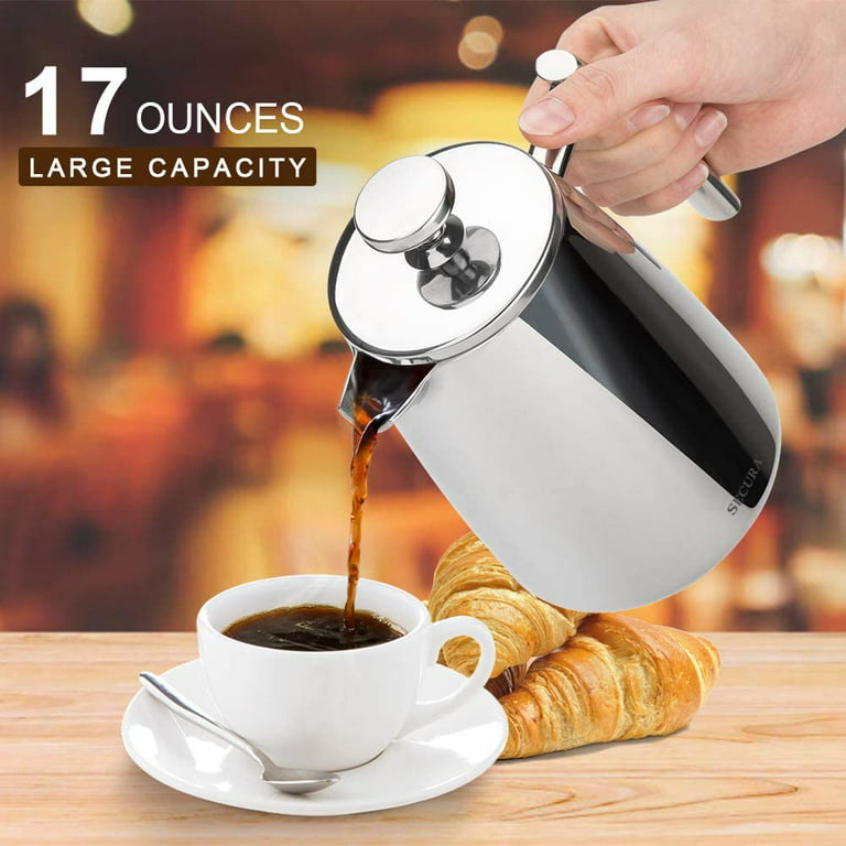 Secura French Press Coffee Maker, 17-Ounce, 18/10 Stainless Steel Insulated  Coffee Press with Extra Screen