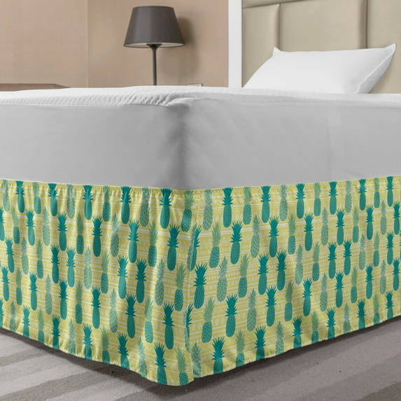 Pineapple Bed Skirt, Fruits on a Background of Tribal Motifs Zigzag Stripes and Dots, Elastic Bedskirt Dust Ruffle Wrap Around for Bedding Decor, 4 Sizes, Dark Seafoam and Pale Yellow, by Ambesonne