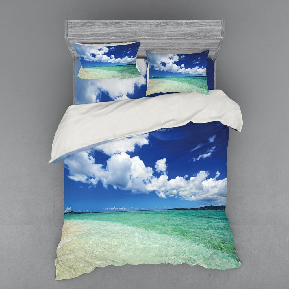 Ocean Duvet Cover Set, Island Sea Life Wavy Vivid Open Sunny Sea Shore