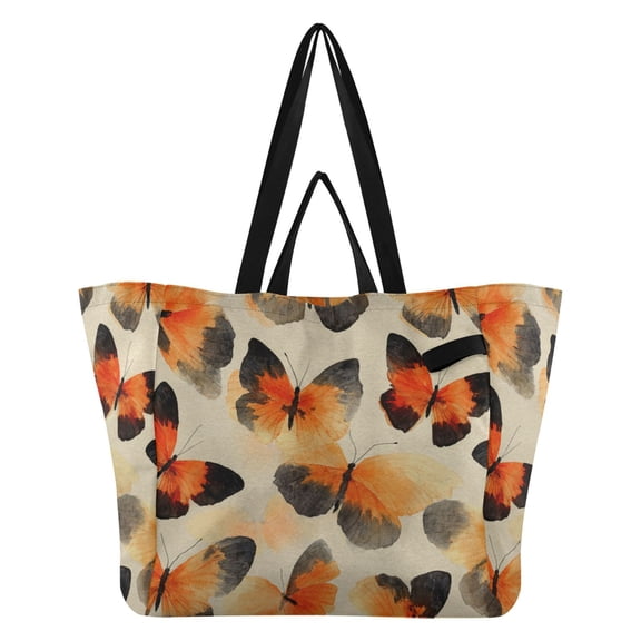 Orange Black Butterfly Canvas Tote Bag Large Capacity Reusable Tote with Double Handles, Foldable Heavy Duty Shopping Beach Laundry Bag, 32L