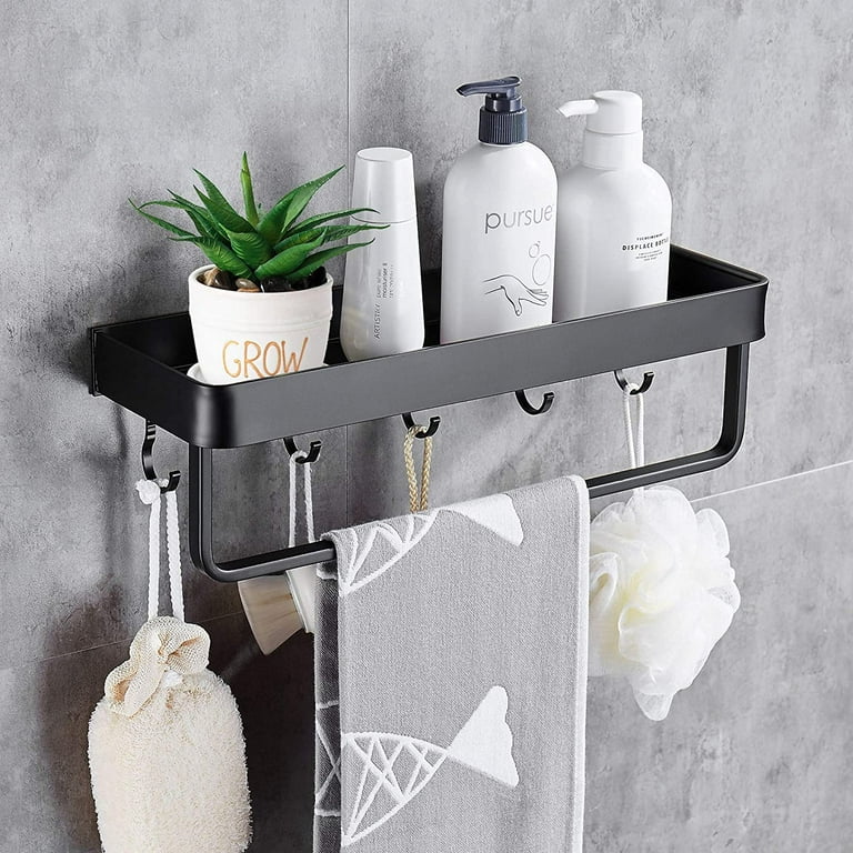 Shower Shelf, Shower Caddy With Towel Rack And Hooks, Wall Mounted Shelves,  No Drilling, Self-Adhesive, Aluminum, Black Matte Finish, For Bathroom And  Kitchen 
