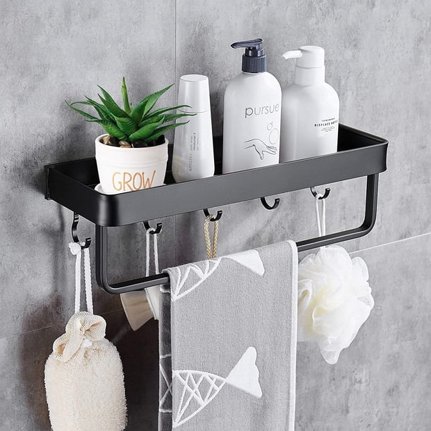 Estante De Ducha, Carrito De Ducha Con Toallero Y Ganchos, Estantes De Pared, Sin Perforación, Autoadhesivo, Aluminio, Acabado Negro Mate, Para Baño Y Cocina Vhermosa Figuras Decorativas y Floreros