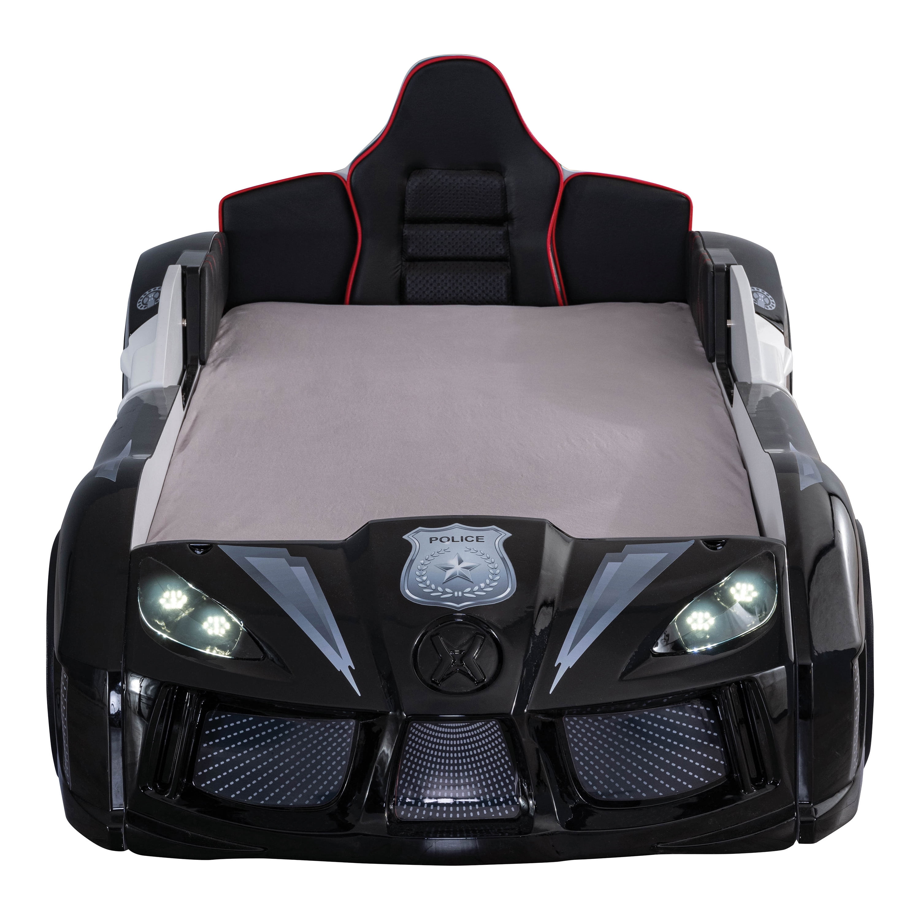 Furniture of America Dash Kids Plastic Twin Race Car Bed with LED and Sound, Black and White