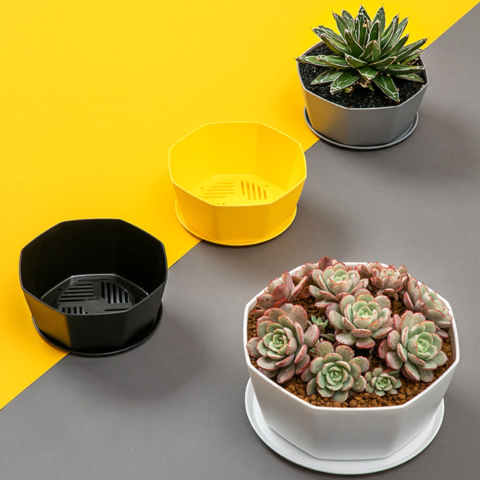 White Plastic Shallow Plant Pot, Octagon Bowl Planter Container with Pot Tray for Succulents, Cactus (White/1 Pcs) 5.91x2.56"