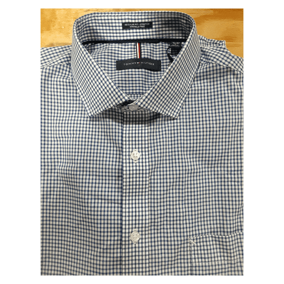 Tommy Hilfiger Stretch Wrinkle Free Dress Shirt, Blue Check, 15-15.5/34-35/M