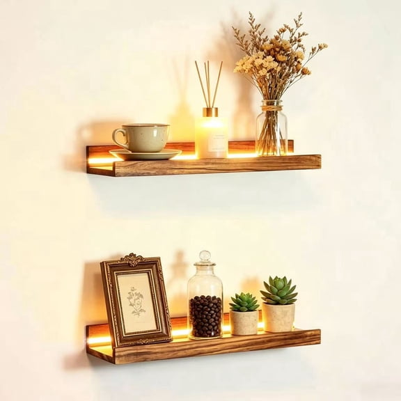 2-Pack Wooden Floating Shelves With LED Lights, 40Cm Modern Wall Mount Display Shelf For Bedroom, Bathroom, Office Home Decor