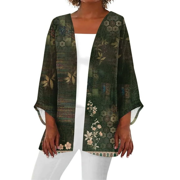 Alitao Womens Cardigan Long Sleeve Shirts Women 2025 Retro Print 3/4 Sleeve Cardigans Lightweight Blouse Tops Coat Casual Duster Jackets Lightweight Cardigans Womens Blouses Yellow L