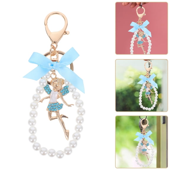 OUNONA Elegant Keychain with Bowknot for Women Featuring Stylish Faux Pearls and Angel Doll Blue