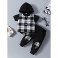 thumbnail image 2 of Bslissey Baby Boys Long Pants Set Short Sleeve Button Hooded Plaid Shirt Tops + Elastic Waist Pants 3M 6M 9M 12M 18M 24M Infant Toddler Casual Spring Summer 2Pcs Outfits, 2 of 9