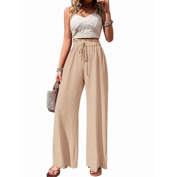 Pantalones de Salón de Pierna para Mujer, Cintura Alta, Ajustables, con Nudo de Lazo, Holgados. Albaricoque M