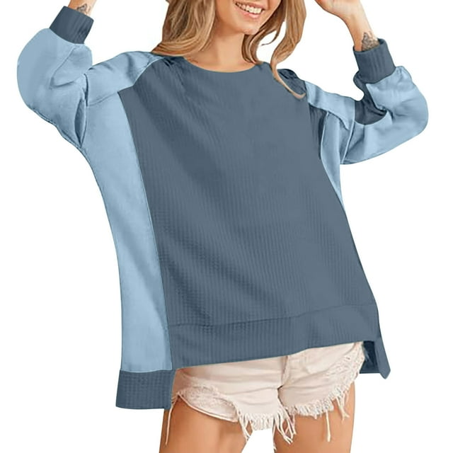 aidice Womens Tops Casual Round Neck Long Sleeve Loose Shirts High Low Hem Color Block Pullover Tops